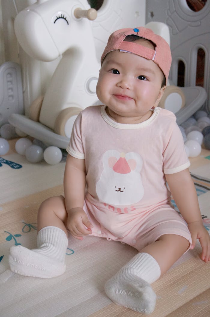Charming baby sitting indoors, wearing a cute outfit with a friendly smile.