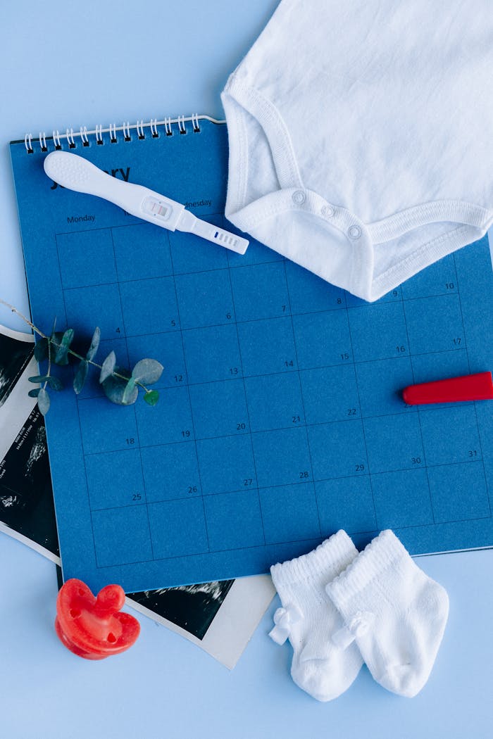 Flat lay of pregnancy test, baby clothes, and calendar, symbolizing new beginnings.